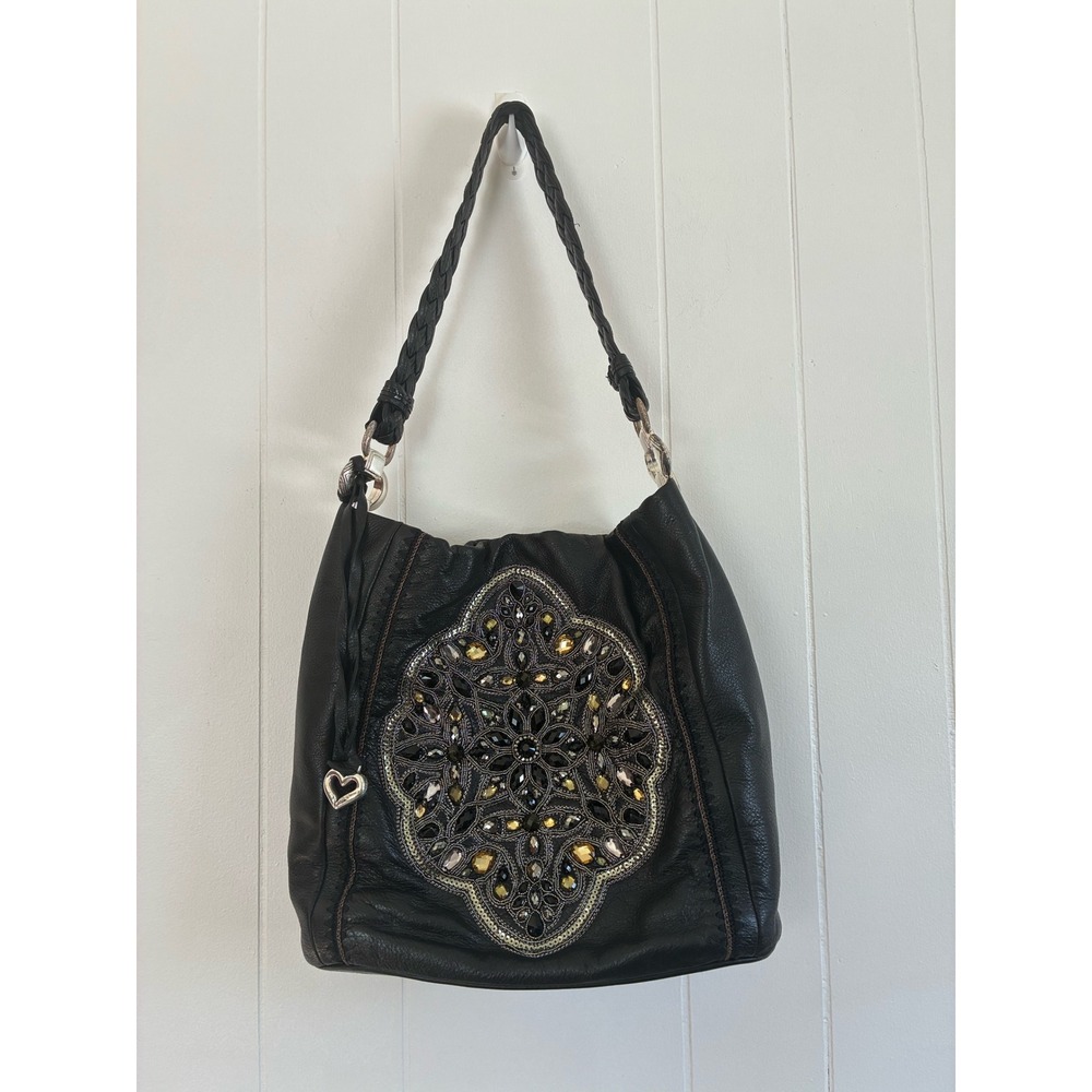 VTG Brighton Blk‎ Leather Shoulder Bag Boho Aesthetic Braided Detail Heart Charm